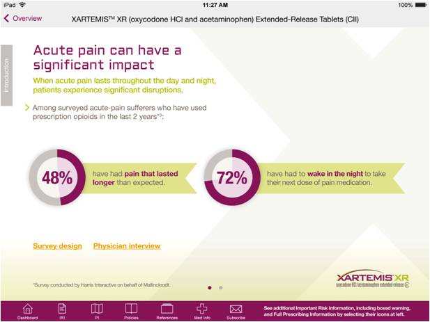 An infographic that explains the impact of acute pain on patients. It has a title "Acute pain can have a significant impact" at the top followed by a subtitle that reads "When acute pain lasts throughout the day and night patients experience significant disruptions. Among surveyed acute pain sufferers who have used prescription opioids in the last 2 years."<br /><br />The infographic is divided into three sections. The first section is titled "Survey design" and has a survey design of a physician interview. The second section has a pie chart that shows that 48% of patients have had pain that lasted longer than expected. The third section has 72% of the patients who have had to wake in the night to take their next dose of pain medication.<br /><br />At the bottom of the infographic there is a section titled "XARTEMIS XR (oxycodone HCI and acetaminophen) Extended-Release Tablets (CII)". The infographic also has a bar graph that shows the percentage of people who have experienced acute pain.