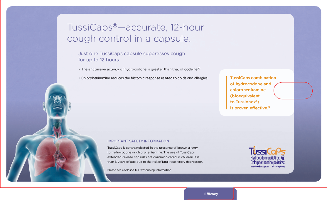 An advertisement for TussiCaps a type of cough control product. The background is a light blue color and the text is in white. On the left side of the image there is a 3D illustration of a human body with the lungs highlighted in red. The text on the image explains that the product is accurate 12-hour cough control in a capsule. <br /><br />On the right side there are two bullet points that explain the product's benefits. The first bullet point explains that it is an effective way to control the cough while the second bullet point provides information about the product.<br /><br />At the bottom of the advertisement it says "Important safety information" and "Efficiency". There is also a logo for the company on the bottom right corner. The overall design is simple and modern with a clean and professional look.