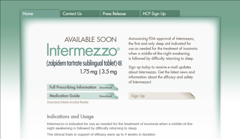 A screenshot of the homepage of a website called Intermezzo. The website has a green and white color scheme with the title "Available Soon" at the top. Below the title there is a description of the website's product which is a zolopidem tartrate sublingual tablet. The tablet is 1.75mg/3.5mg and is available for purchase. <br /><br />On the right side of the page there are two buttons - "Sign Up" and "Sign In". The first button is for the user to sign up for the product and the second button is to download the full prescribing information and download the medication guide.<br /><br />At the bottom of the image there has a link to the website for more information about the product. The page also has a button to download a PDF file and a link for the website.