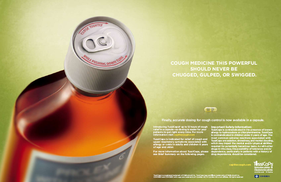 An advertisement for a cough medicine product. It features a close-up of a bottle of cough medicine with a white cap and a red label. The label has the brand name "Cough Medicine" written in bold black letters. The bottle is filled with a dark red liquid which appears to be the cough medicine itself. The background is a light green color. On the right side of the image there is text that reads "COUGH medicine this powerful should never be chugged gulped or swigged. Finally accurate dosage for cough control is now available in a capsule." The text is written in a modern sans-serif font and is centered on the image.