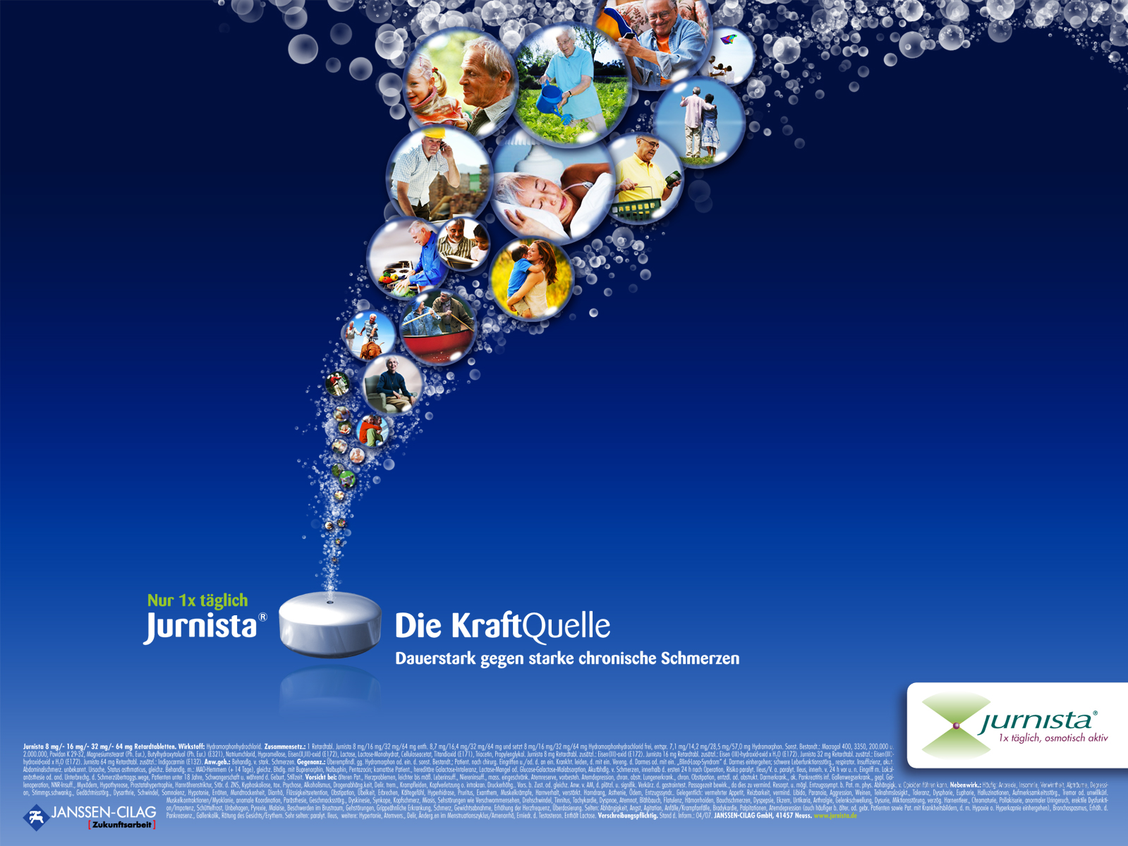 A digital advertisement for Jurnista a German pharmaceutical company. The background is a deep blue color and the company's logo is prominently displayed in the center. The logo is a white circle with the company name "Jurnista" written in white letters. Inside the circle there are multiple smaller images of people of different ages genders and ethnicities. The images are arranged in a way that they form a wave-like shape with the words "Die Kraftquelle" written at the bottom. The overall design of the advertisement is modern and eye-catching.