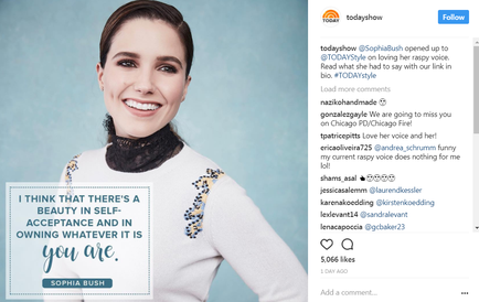 A screenshot of an Instagram post by actress Sophia Bush. The post is titled "Today Show" and has a photo of Sophia Bush on the left side. She is smiling and looking directly at the camera. On the right side of the post there is a quote from Sophia Bush that reads "I think that there's a beauty in self-acceptance and in owning whatever it is you are." The quote is written in white text on a light blue background.