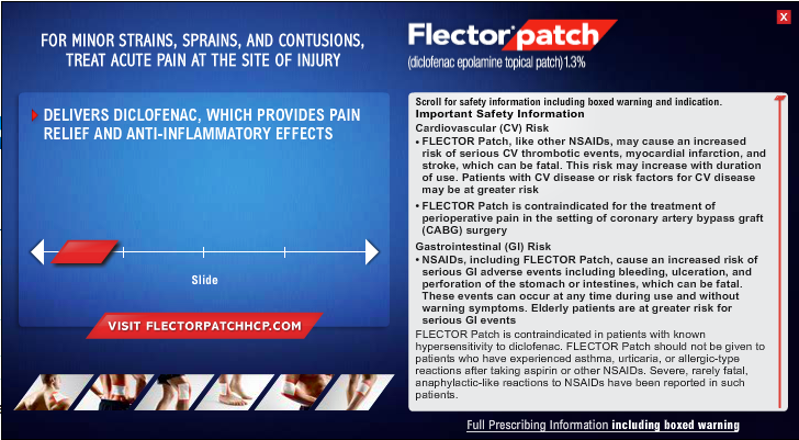 An infographic that explains the benefits of FlectorPatch a medication used to treat acute pain at the site of injury. The infographic is divided into three sections.<br /><br />The first section is titled "Delivers Diclofenac which provides pain relief and anti-inflammatory effects" and has a blue background with white text. The second section has a red arrow pointing to the right side of the infographic. The text explains that the medication is designed to help relieve pain and provide relief from pain and inflammation. The third section has an image of a person's lower back and neck with the text "Visit Flectorpatch.com" at the bottom. The image also has a link to the website for more information about the medication and its benefits.