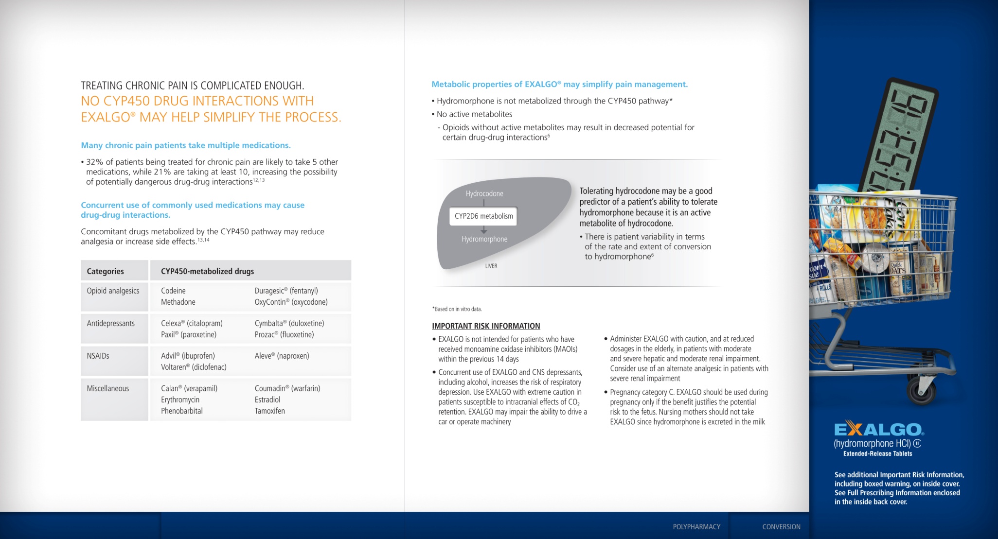 A brochure or advertisement for Exalgo a company that provides information about treating chronic pain. The brochure is divided into two sections. <br /><br />On the left side of the brochure there is a table with three columns. The first column is titled "Treating Chronic Pain is Complicated Enough" and contains information about the company's services. The second column has a list of services offered by the company. The table includes details such as the company name contact information and a brief description of the services offered.<br /><br />The third column has an image of a shopping cart with various items in it. The shopping cart is filled with items such as snacks drinks and other household items. The background of the image is blue and the text is white. The company's logo is also visible in the bottom right corner.