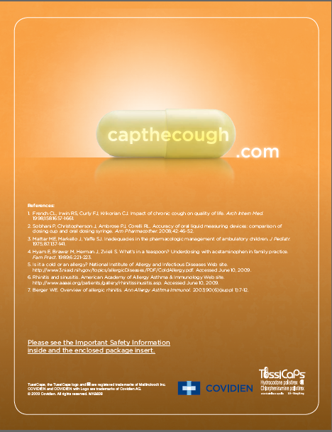 An advertisement for a product called "capthecough.com". The background is orange and the product is in the center of the image. The product is a green capsule with the word "caphe cough" written on it in white letters. Below the capsule there is a list of the product's features and benefits. The list includes information about the product such as its safety information its use and its benefits. <br /><br />At the bottom of the advertisement there are two logos - one is a blue cross and the other is a white cross. The text on the advertisement reads "Please see the important safety information inside and the enclosed package insert." The company's logo is also visible in the bottom right corner.