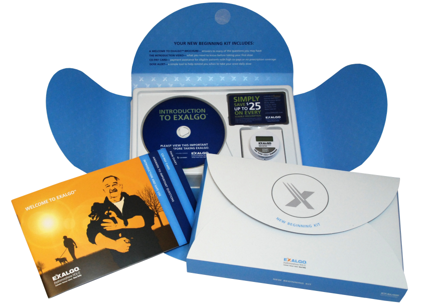 A blue-colored box with a CD inside. The CD has the title "Introduction to Exalgo" written on it in white text. Next to the CD there is an image of a man holding a dog and smiling. On the right side of the box there are two white envelopes with the logo of the company "Exalgo". The box appears to be a new beginning kit as indicated by the text on the CD.