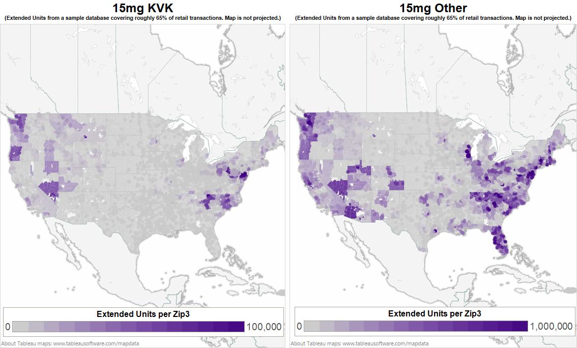 A map of the United States showing the extent of the extended units per zip in each state. The map is divided into two sections with the left side showing the number of extended units in the state and the right side showing an extended unit in the other state.<br /><br />The map is color-coded with each state having a different color - purple blue and gray. The purple area represents the extended unit while the blue area represents an extended units. The gray area represents a larger number of units with a darker shade of purple indicating higher levels of extended use. The lines on the map show that the extended Units are higher than the other units indicating a higher level of use in the entire state. <br /><br />At the top of the image there is text that reads "15mg KVK" and "Extended Units per Zip3". Below the text there are two bars one labeled "Extend Units" and the other labeled "Other". The bars are labeled "1000000". The map also has a legend at the bottom that explains the colors used in the map.