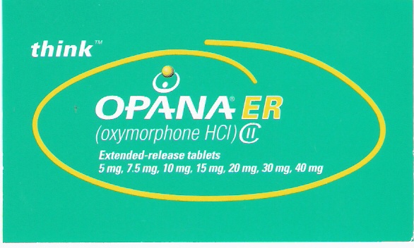 An advertisement for Opana ER (Oxymorphone HCI) extended-release tablets. It shows a green box of Opana ER. The box is rectangular in shape and has white text. There is a logo for Opana ER and below that it states that there are extended release tablets in 5 mg 7.5 mg 10 mg 15 mg 20 mg 30 mg and 40 mg doses. The logo and dosing information have a yellow handwritten circle around them. There is also the word "think" in the upper right corner.