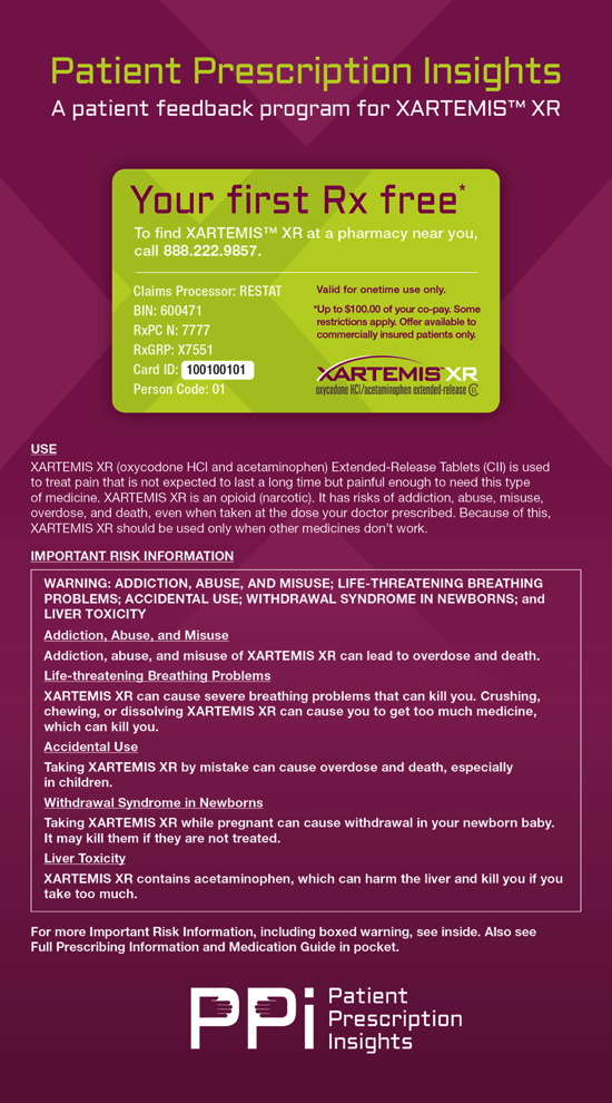 An infographic titled "Patient Prescription Insights: A patient feedback program for XARTEMIS® XR". It has a purple background with white text. The title of the program is written in bold capital letters at the top of the page. Below the title there is a green card with the text "Your first Rx free" written in white. <br /><br />The card is divided into three sections. The first section is titled "Use" and has a list of instructions on how to use the program. The instructions explain that the program can be used to find the first Rx for a pharmacy near you. The second section has a description of the user's first Rx and provides information about the program such as the user name dosage and other relevant information. The third section has an explanation of the benefits of using the prescription.<br /><br />At the bottom of the image there are two bullet points that explain the program's purpose and how it can help the user understand the benefits. The bullet points are written in a clear and concise manner making it easy to read and understand.