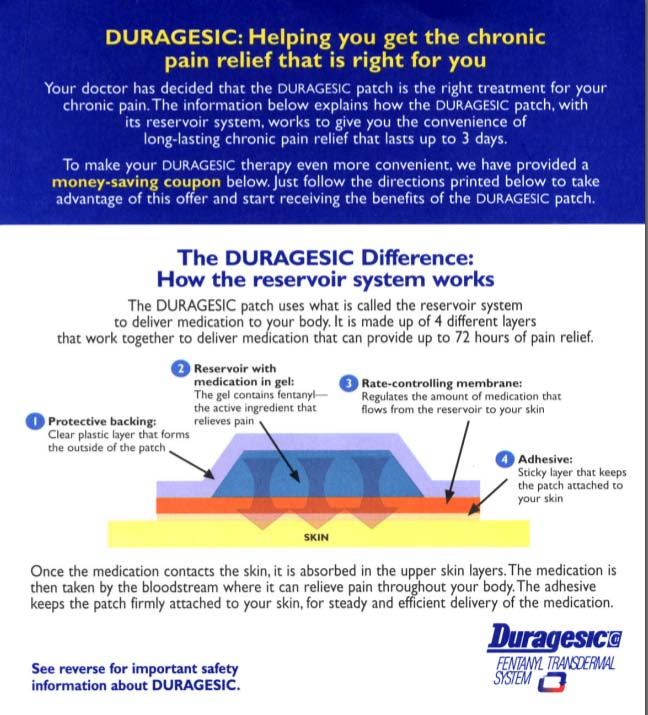 An infographic that explains how the Duragesic patch works. It has a blue background and white text. The title of the infographic is "Duragesic: Helping you get the chronic pain relief that is right for you". Below the title there is a subtitle that explains the benefits of the patch.<br /><br />The infographic is divided into three sections. The first section explains that the patient has decided that the DURAGESIC patch is the right treatment for their chronic pain. The second section explains how it works. The third section explains the different types of patches that can be used to relieve pain and improve the overall health of the patient. The infographic also mentions that the patch can be applied to the patient's skin and helps to reduce the appearance of wrinkles and fine lines.