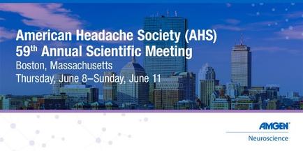 A promotional graphic for an American Headache Society (AHS) 59th Annual Scientific Meeting in Boston Massachusetts on Thursday June 8-Sunday June 11. The background of the image shows a city skyline with tall buildings and skyscrapers. The sky is blue with white clouds and the sun is setting casting a warm glow over the city. The text on the image is in white and is in a modern sans-serif font.