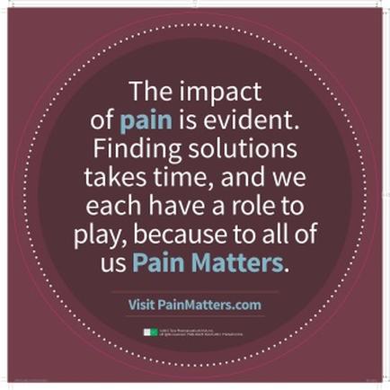 A square graphic with a maroon background and white text. The text reads "The impact of pain is evident. Finding solutions takes time and we each have a role to play because to all of us Pain Matters." The text is centered in the middle of the graphic and is surrounded by a white border. Below the text there is a website address "Visit PainMatters.com" in white text at the bottom.