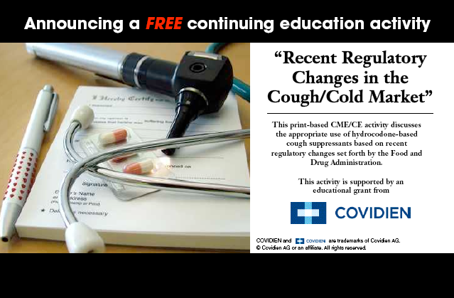 A medical instrument a stethoscope and a pen on top of a medical form. The form appears to be related to the recent regulatory changes in the cough/cold market as indicated by the text on the right side of the image. The text reads "Announcing a FREE continuing education activity" and "Recent Regulatory Changes in the Cough/Cold Market". The image also mentions that the print-based CME/CE activity discusses the appropriate use of hydrochloride-based cough suppressant based on the food and drug administration. This activity is supported by an educational grant from Covidien.