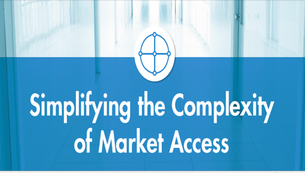 A graphic design with a blue background and white text. The text reads "Simplifying the Complexity of Market Access" in a bold sans-serif font. Below the text there is a white circle with a crosshair icon in the center. The crosshair is surrounded by a thin black line. The overall design is simple and modern with a focus on the text and the crosshair.