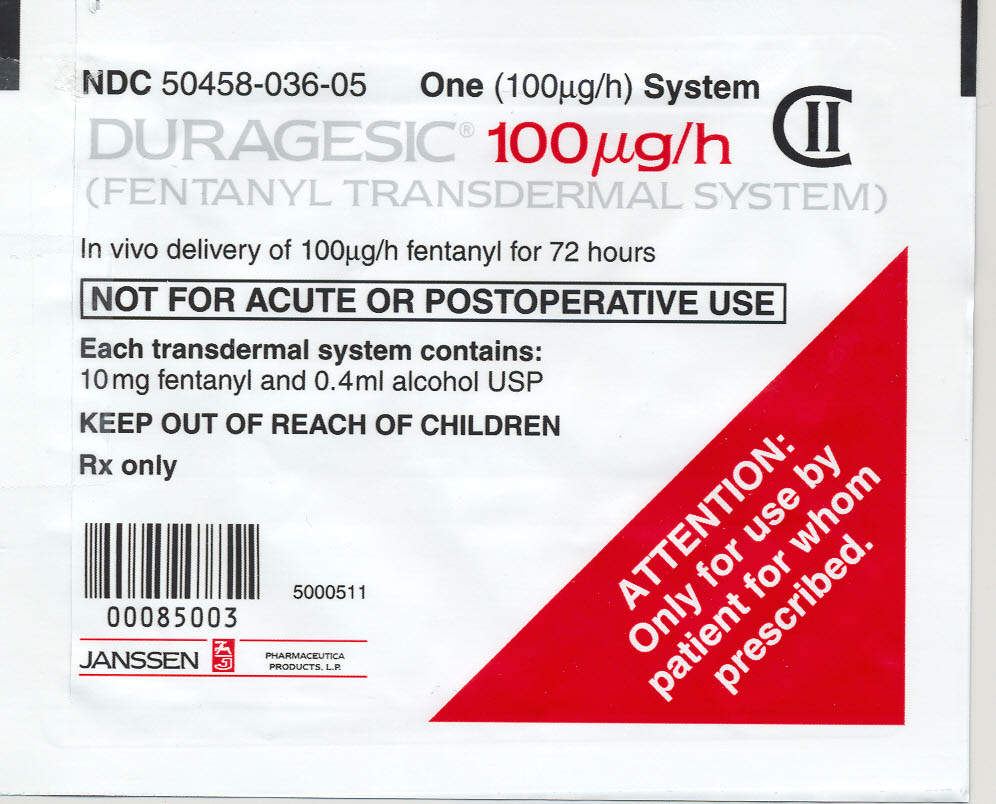 A label for a DURAGESIC 100/ug/h (Fentanyl Transdermal System) medication. The label is white with black text and a red triangle on the right side. The text on the label reads "In vivo delivery of 100g/h fentanyl for 72 hours. Not for acute or postoperative use. Each transdermal system contains 10mg fentanyl and 0.4ml alcohol USP. Keep out of reach of children. Rx only. Attention: Only use by patient for whom prescribed." There is also a barcode on the bottom left corner of the label.