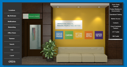 A screenshot of a website homepage for a company called ON24. The website has a blue and white color scheme with a modern and professional design. The main content area of the page is a large yellow wall with a white sofa in the center. On the left side of the wall there is a menu bar with various options such as "My Briefcase" "Notifications" "Networking" "Office Hours" "Yammer" "Search" "Help" and "lookout". On the right side there are three colorful banners with text that reads "Improving health making people feel better" "Caring" "Getting it done together" "Leading the way" and more. The banners are arranged in a grid-like pattern with each banner having a different color and design. There is also a small plant in the corner of the room. The overall theme of the website is clean and minimalist.