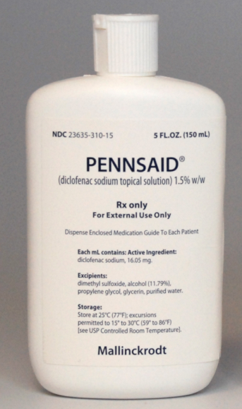 Of a white plastic bottle with a white cap. The bottle is labeled "PENNSAID" and has a label that reads "5 FL.OZ. (150 mL)". Below the label there is a description of the product which states that it is a diclofenac sodium topical solution with 1.5% w/w for external use only. The label also mentions that the product contains active ingredient which is a combination of alcohol glycerin purified water and propylene glycol. The product is manufactured by Mallinckrodt.