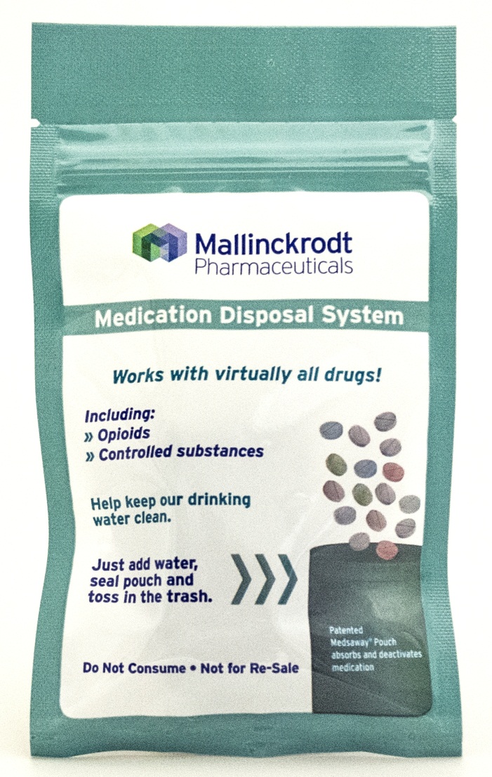 A green packet labeled Mallinckrodt Pharmaceuticals Medication Disposal System. The packet is rectangular in shape and has a white label on the front. The left side of the label has the text "Works with virtually all drugs!" and includes a list of drugs. The label also reads "Keep our drinking water clean." and "Just add water seal pouch and toss in the trash." On the right side of the label there is an illustration of various pills falling into a green packet. On the illustrated green packet there is text that reads "Patented Medsaway Pouch absorbs and deactivates medication." Text at the bottom of the label reads: "Do not consume - Not for Re-Sale."