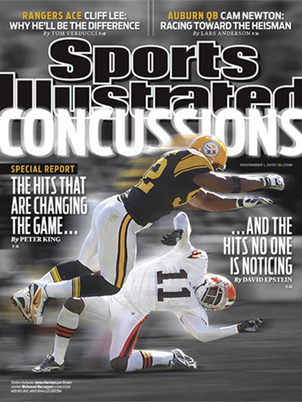 The cover of a sports illustrated magazine titled "Sports Illustrated Conclusions". The cover features a photograph of a football player from the Pittsburgh Steelers wearing a black and gold uniform with the number 11 on it running with the ball. He is in mid-air with his arms outstretched and his body slightly bent forward. The background is blurred but it appears to be a football field with a crowd of spectators in the stands. The title of the magazine is written in bold white letters at the top of the cover with the subtitle "Special Report: The Hits That Are Changing the Game" written in smaller white letters below. The cover also includes the names of the players including "Rangers Ace Cliff Lee" "Auburn QB Cam Newton" and "Racing Toward the Heisman".