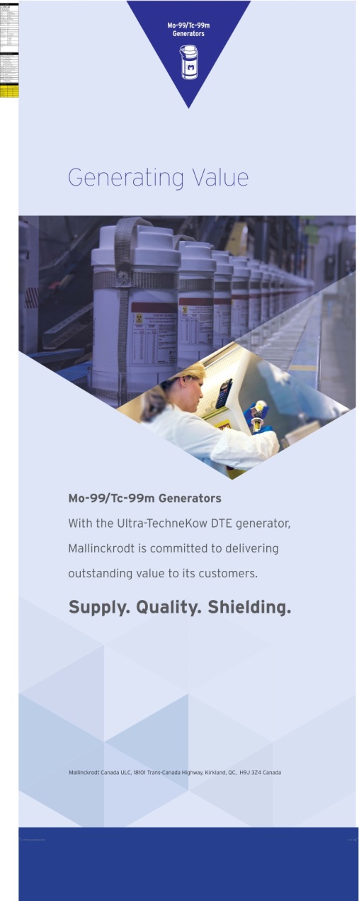 An advertisement for a company called Mo-99/Tc-99m Generators. The background of the image is a factory with rows of large white containers. The text on the image reads "Generating Value" and "Supply Quality Shielding." Below the text there is an image of a person working on a machine. The company's logo is also visible in the top left corner. The overall design of the advertisement is modern and professional.