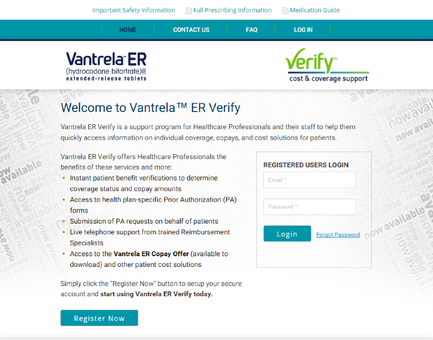 A screenshot of the homepage of a website called cantrell ER Verify. The website has a blue and white color scheme with the logo of the company on the top left corner. Below the logo there is a welcome message that reads "Welcome to cantrell ER Verify" in bold black font. On the right side of the page there are two login fields - "Registered Users Login" and "Login". The login fields are for registered users to enter their username and password. There is also a button to register now. At the top of the image there has a navigation bar with links to different sections of the website such as "Home" "Contact Us" "FAQ" "Log In" and "Log Out". Below the navigation bar it says "Important Safety Information" "Full Prescription Information" and a "Medicine Guide". The overall design of the webpage is modern and professional with a clean and clean layout.