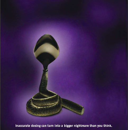 A digital illustration of a snake coiled around a spoon. The snake is black and white in color and appears to be made of metal. The spoon is tilted slightly to the side as if it is about to take a bite out of the snake's body. The background is a deep purple color and there is a quote at the bottom of the image that reads "Inaccurate dosing can turn into a bigger nightmare than you think."