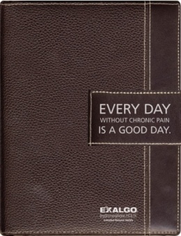 Of a brown leather journal with the text "Every day without chronic pain is a good day" written on the cover. The journal appears to be made of high-quality leather and has a rectangular shape with rounded edges. The text is written in white and is centered on the front of the journal. The word "Exalgo" is written below the text in a smaller font size. The background of the cover is plain white.