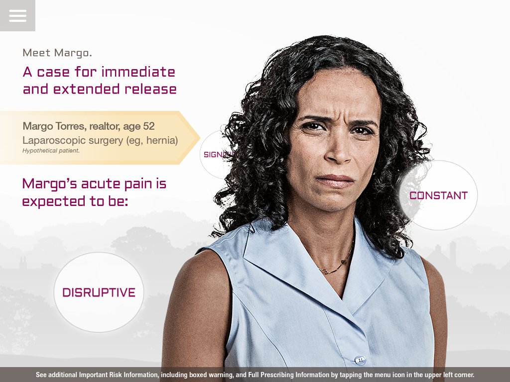 A screenshot of a landing page for a website called "Meet Margo. A case for immediate and extended release". The page has a white background with a photo of a woman with curly hair on the right side. She is wearing a light blue blouse and has a serious expression on her face. On the left side of the page there is text that reads "Margo Torres realtor age 52 Laparoscopic surgery (e.g. hernia)". Below the photo there are three bullet points that explain the case. The first bullet point reads "Constant" the second bullet point says "Disruptive" and the third bullet point states that Margo's acute pain is expected to be:".