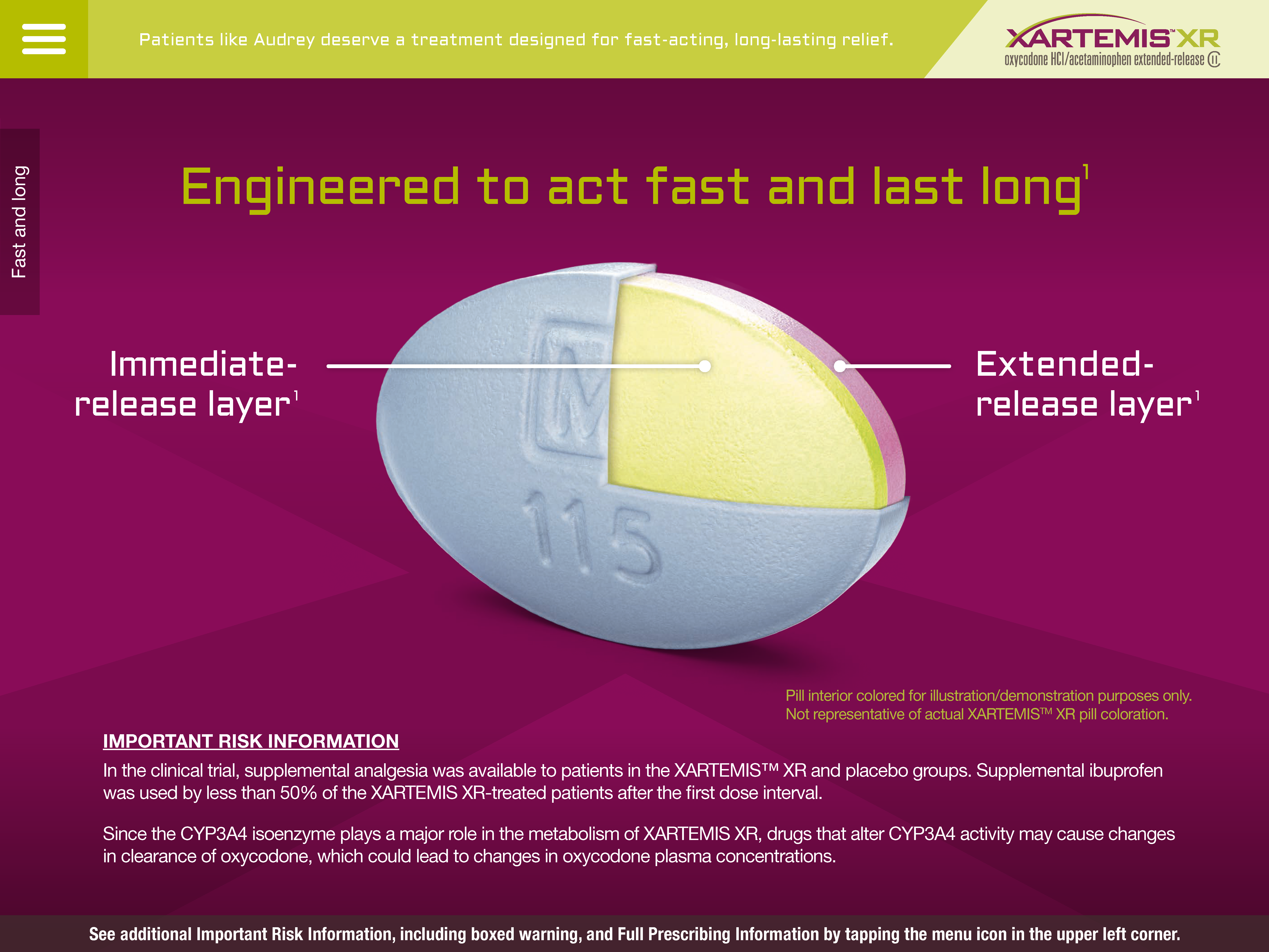 An infographic that explains the benefits of XARTEMIS XR. It has a pink background with a white oval-shaped pill in the center. The pill has the number 115 on it and is divided into three sections - immediate release layer extended release layer and important risk information. <br /><br />On the left side of the image there is a text that reads "Patients like Audrey deserve a treatment designed for fast-acting long-lasting relief." On the right side there are two sections that explain the benefits. The first section is labeled "Immediate-release layer" and the second section is titled "Extended-release layers". The text also mentions that the pill is available to patients in the XARTEMIS XR and placebo groups.<br /><br />At the bottom of the infographic it says "See additional risk information including full-prescription information by tapping the menu icon in the upper left corner."