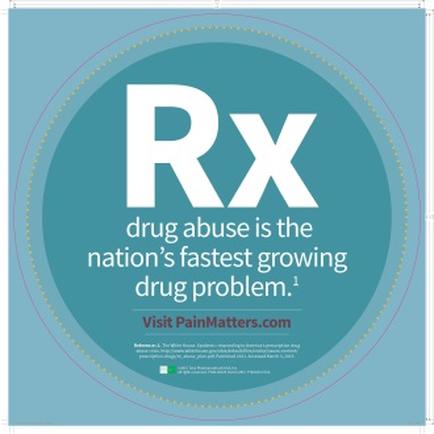 A graphic design with a light blue background and a white circle in the center. Inside the circle there is a text that reads "Drug abuse is the nation's fastest growing drug problem." The text is in all caps and is in a bold sans-serif font. The word "RX" is larger than the rest of the text and is centered in the circle. Below the text it says "Visit PainMatters.com" in a smaller font size. The overall design is simple and minimalist.