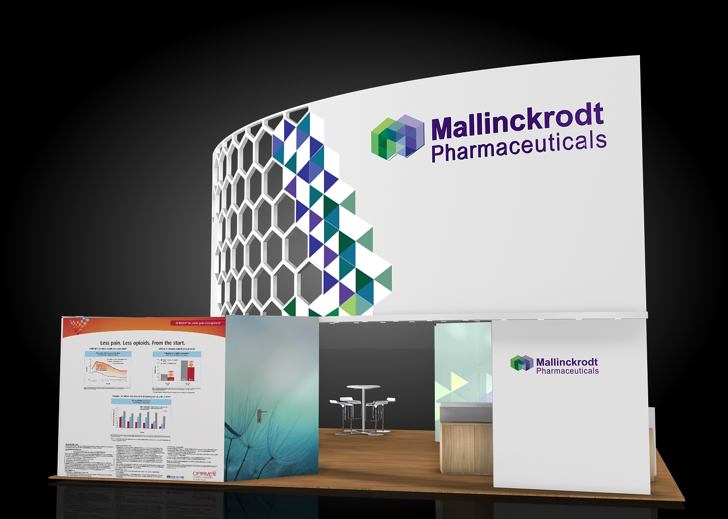 A 3D rendering of a trade show booth for Mallinckrodt Pharmaceuticals. The booth is white with a curved design and a colorful geometric pattern on the left side. On the right side there is a large banner with the company's logo and name in purple and green colors. In front of the booth there are two smaller banners with information about the company and its products. The background is black making the booth stand out.