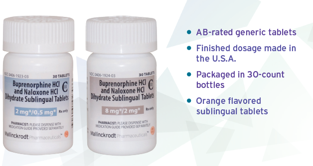 Two white plastic bottles with white caps. The bottles are labeled with the product name "Buprenorphine HC1 and Naloxone HC1" and "Dihydrate Sublingual Tablets". The label also mentions that the product is an ab-rated generic tablet and that it is finished dosage made in the U.S.A. and is packaged in 30-count bottles. The bottle on the left is orange flavored sublingual tablets while the one on the right is white. Both bottles appear to be new and unused.