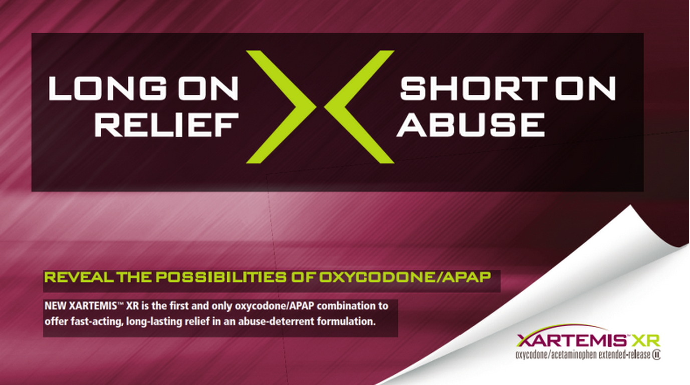 A banner or advertisement for a product called "Long on Relief" and "Short on Abuse". The background of the banner is a gradient of pink and purple with the text "Reveal the possibilities of Oxycodone/APAP" in white and yellow. The text is in a bold sans-serif font and is centered on the banner. Below the text there is a smaller text that reads "New Xartemis XR is the first and only oxycodone/APAP combination to offer fast-acting long-lasting relief in an abuse-detergent formulation." The logo of the company is also visible in the bottom right corner.