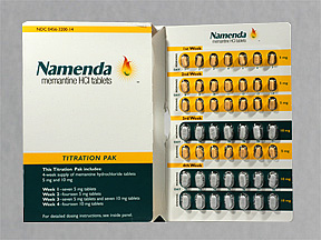 A pack of Namenda Memantine HC Tablets. The pack is white with yellow and green accents. The front of the pack has the Namenda logo and the words "Titration Pak" written in bold black font. Below the logo there is a description of the product which states that it is a type of medication used to treat inflammation and pain.<br /><br />The pack contains 12 tablets each with a different color and size. The tablets are arranged in a grid-like pattern with each tablet having a different label. The labels also mention that the product is suitable for use in a variety of applications including pain relief inflammation and pain relief.