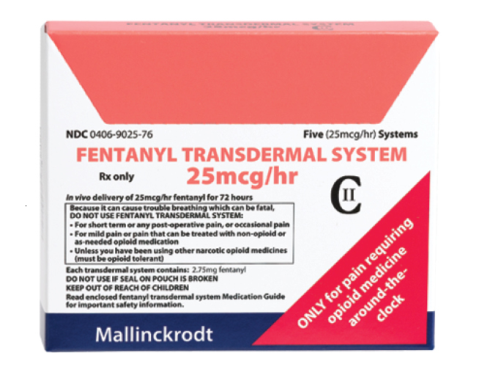 A photograph of a box of Fentanyl Transdermal System. The box is rectangular in shape and has a red and white color scheme. The front of the box has the brand name "Mallinckrodt" written in bold black letters at the top followed by the product name "Fentanyl" in smaller black letters. Below that there is a description of the product which states that it is a 25mg/hr medication. <br /><br />The box also mentions that the product is available for pain requiring opioid medication around the clock. The label also mentions the use of the medication and that it can be used to treat pain and inflammation.<br /><br />On the right side of the label there are two bullet points that explain the benefits of using the medication. The first bullet point states that the medication is available in two doses one for 25mg and the other for 72 hours. The second bullet point explains that it contains 25mg of fentanyl which is a type of medication that helps to reduce inflammation and pain in the body. The third bullet point provides information about the medication such as its dosage dosage and instructions on how to use it.