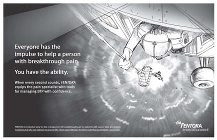 A black and white illustration of a person in a space station. The person is wearing a helmet and is holding a parachute which is attached to the ceiling of the space station with a rope. The parachute appears to be floating in the air. The background is a cloudy sky with a few clouds. The image is accompanied by text that reads "Everyone has the impulse to help a person with breakthrough pain. You have the ability. When every second counts mentor equips the pain specialist with tools for managing BTP with confidence."