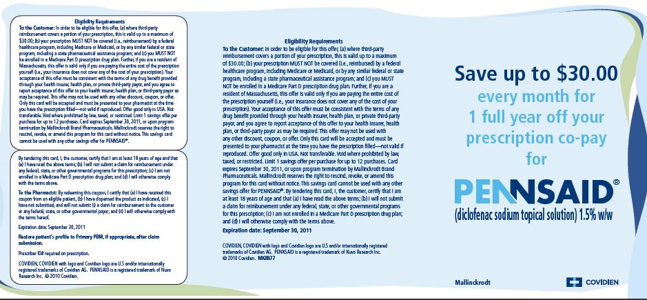 An advertisement for Pennsaid a prescription co-pay company. The background of the image is a light blue color with a white border. On the left side there is a text that reads "Save up to $30.00 every month for 1 full year off your prescription co -pay for Pennsaid". On the right side it reads "Pennsaid" in bold black letters. Below the text there are two smaller text boxes with information about the company's products and services. <br /><br />At the bottom right corner of the advertisement the Pennsaid logo is in blue and white. The text boxes are arranged in a grid-like pattern. The overall design is simple and modern with a clean and professional look.