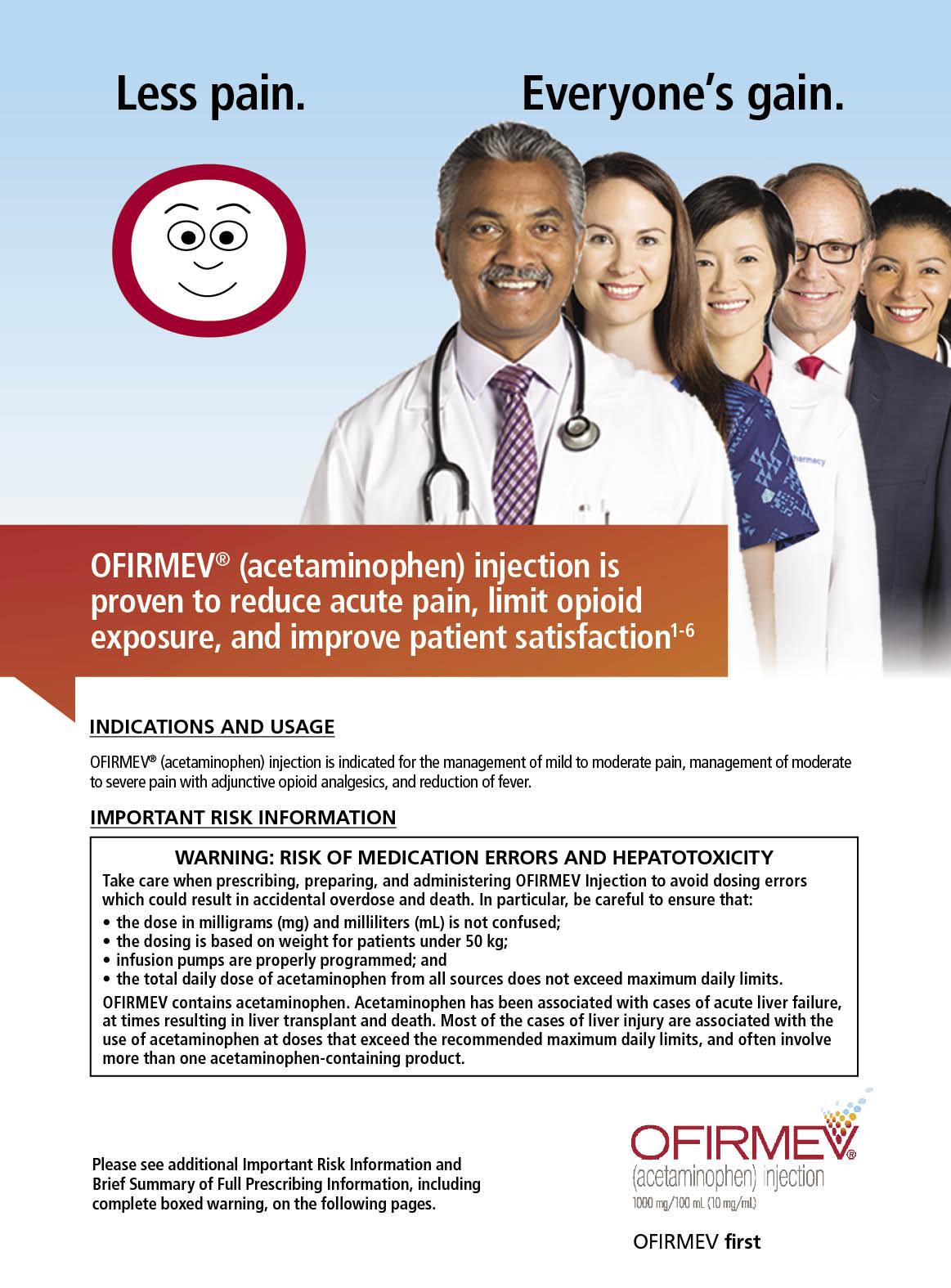 An advertisement for OFIRMEV (Acetaminophen) injection which is proven to reduce acute pain limit opioid exposure and improve patient satisfaction. The advertisement features a group of people of different ages genders and ethnicities all smiling and looking at the camera. In the center of the image there is a man wearing a white lab coat and a stethoscope around his neck. He is standing in front of a blue background. On the left side of the advertisement there are two red circles with a smiley face representing the company's logo. The text on the advertisement reads "Less pain. Everyone's gain." On the right side it states that the injection is an important risk of medication errors and hepatotoxicity.