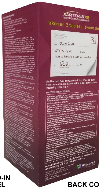 Of a maroon-colored box with a white label on the front. The label reads "XARTEMIS XR Taken as 2 tablets twice daily". The label also has a note that reads "On the first day of treatment the second dose may be taken at 2 hours after initial dose of pain". Below the note there is a list of ingredients and instructions on how to use the product. The box appears to be made of cardboard and has a 3-in-1 design.