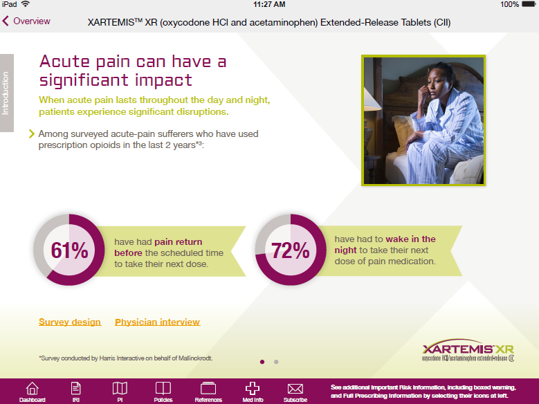 An infographic that explains the impact of acute pain on patients. It has a title "Acute pain can have a significant impact" and a subtitle that reads "When acute pain lasts throughout the day and night patients experience significant disruptions. Among surveyed acute pain sufferers who have used prescription opioids in the last 2 years."<br /><br />The infographic is divided into three sections. The first section is titled "61%" and has a pie chart that shows that 61% of patients have had pain return before the scheduled time to take their next dose. The second section is labeled "72%" and shows that 72% have had to wake in the night to take the next dose of pain medication. The third section has a survey design and a physician interview.<br /><br />At the top of the infographic there is a date and time 11:27 AM and the XARTEMIS XR (Xartemis XR Oxycodone HCI and acetaminophen Extended-Release Tablets (CII) logo. Below the title there are several icons that provide information about the infographic.