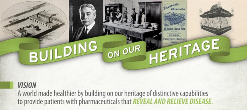 A banner or advertisement for a company called "Building on Our Heritage". The banner has a green ribbon in the center with the company's name written in white text. On the left side of the banner there is a black and white photograph of a group of people working in a laboratory. The photograph is of a man in a suit and tie and on the right side there are three smaller photographs of different types of laboratory equipment. <br /><br />The first photograph on the top left shows a laboratory with various scientific instruments and equipment including a microscope a beaker and a test tube. The second photograph in the top right shows a book titled "Pharmaceuticals" with a cover page that reads "A world made healthier by building on our heritage of distinctive capabilities to provide patients with pharmaceuticals that reveal and relieve disease." The third photograph is a close-up of a laboratory bench with a microscope and other scientific equipment on it.<br /><br />Overall the banner is promoting the company and its mission to provide healthcare professionals with the help of their heritage.