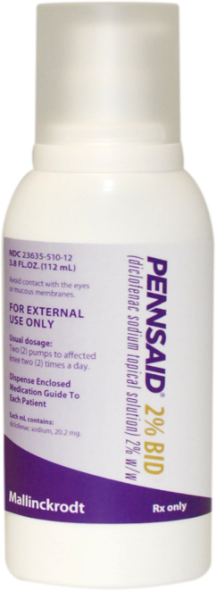 Of a white plastic bottle with a purple label. The label has the brand name "PENSAD" written in bold black letters at the top followed by the product name "2% BID" in smaller black letters. Below that there is a description of the product which states that it is for external use only. The bottle has a pump dispenser on the top and a cap on the side. The brand name is "Mallinckrodt" and the product is "Rx only". The bottle appears to be new and unused.