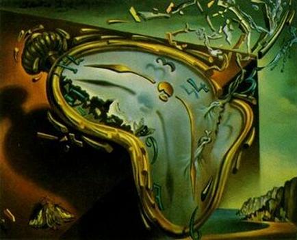 A digital illustration of a large ornate clock with a golden frame. The clock face is in the center of the image with a white background and black numbers and hands. The hands of the clock face are gold and appear to be floating in the air. The background is a dark cloudy sky with a hint of orange and yellow. On the right side of the background there is a rocky cliff with a small island in the distance. The overall mood of the illustration is surreal and dreamlike.