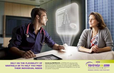 A doctor and a patient sitting at a desk in a medical office. The doctor is wearing a blue uniform and a stethoscope around his neck and he is holding a tablet in his hand. The patient is sitting next to him and they are both looking at each other attentively. In the background there is a large screen with an image of a person's body and text that reads "Relay on the flexibility of cantrell ER to help you meet their individual needs". The screen also has a lightbulb above it indicating that the doctor and patient are engaged in a conversation. The image also has the logo of the company "Vantrelae ER" and the text "Manage Chronic Pain Your Way".