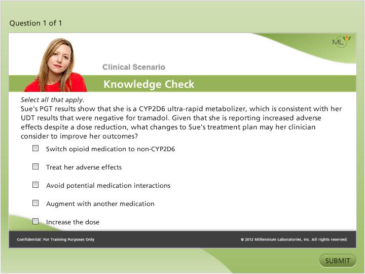 A screenshot of a clinical scenario knowledge check page. The page has a green background with a white header and footer. On the left side of the page there is a photo of a young woman with blonde hair and a red shirt. She is looking directly at the camera with a serious expression on her face. Below the photo there are three questions:<br /><br />1. Select all that apply.<br />2. Select PGT results that show that she is a CYPD2D6 ultra-rapid metabolizer which is consistent with her UDT results.<br />3. Switch opioid medication to non-CYPD6.<br />4. Treat her adverse effects.<br />5. Avoid potential medication interactions.<br />6. Augment with another medication.<br />7. Increase the dose.<br /><br />At the bottom right corner of the image there has a button that says "Submit".