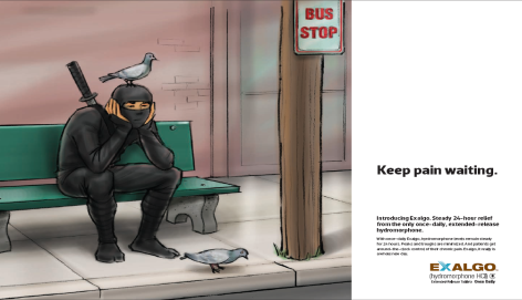 A person sitting on a green bench with a bird perched on their shoulder. The person is wearing a black mask and is holding a gun in their right hand. They appear to be deep in thought. Behind them there is a bus stop sign with the words "BUS STOP" written on it. There are two pigeons on the ground next to the bench. The image is accompanied by text that reads "Keep pain waiting."