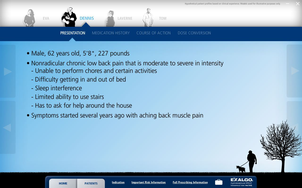 A screenshot of a presentation slide on a website. The slide is titled "Presentation: Medication History Course of Action: Dose Conversion". The slide has a blue background with white text. At the top of the slide there is a title that reads "Male 62 years old 5'8" - 227 pounds. Below the title there are three images of people of different ages and genders. <br /><br />The first image on the slide shows a man walking a dog on a leash. The second image shows a tree with no leaves. The third image shows the man walking the dog on the leash.<br /><br />Below the image there has a description of the presentation which states that the presentation is about nonradicular chronic low back pain that is moderate to severe in intensity. The presentation also mentions that the symptoms started several years ago with aching back muscle pain. There is also a link to a website for more information about the presentation.