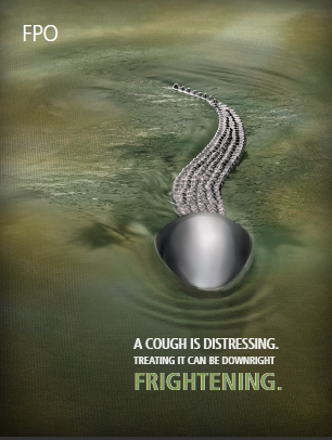 A digital art piece that appears to be a poster or advertisement. It has a dark green background with a textured surface. In the center of the image there is a large round metallic object that looks like a ball or a sphere. The object is in the shape of a snake winding its way through the water. The snake's body is made up of small white lines that create a zigzag pattern. The text on the image reads "A cough is distressing. Treating it can be downright frightening." The text is written in white and is in a bold sans-serif font. The overall tone of the poster is dark and ominous conveying a sense of fear and uncertainty.