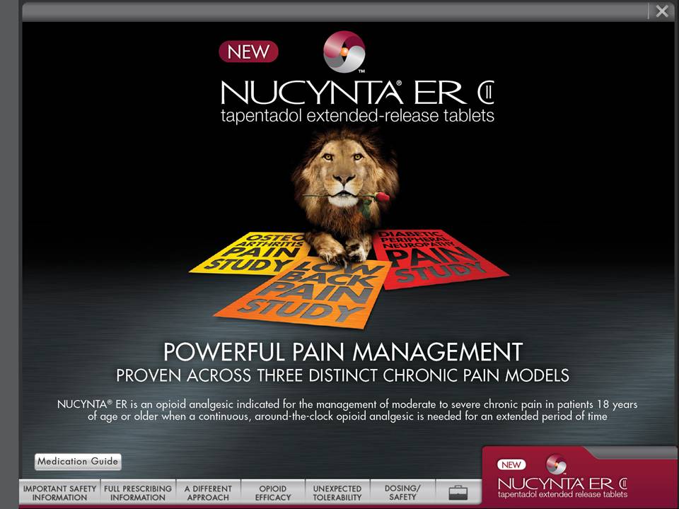 A screenshot of the homepage of a website called "NUCYNTA ER C. Tapentadol extended-release tablets". The website has a black background with a large image of a lion in the center. The lion is wearing a red bandana around its neck and is looking directly at the camera. Below the lion there is text that reads "Powerful Pain Management: Proven across three distinct chronic pain models". <br /><br />At the top of the page there are two red and white logos one for the company and the other for the product. The company's name is written in bold white letters at the top and the product name is displayed in smaller white letters below it.<br /><br />On the right side of the image the website's logo is displayed on a white background. At the bottom of the screen there has a navigation bar with various options such as "Medication Guide" "Important Safety" "Difference" "Dosing" and "New". There is also a red "New" button at the bottom right corner.