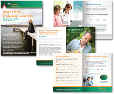 A collage of three different brochures or flyers for a company called ventura. The first brochure on the left has a green background with white text that reads "There's help for breakthrough cancer pain". The second brochure in the middle has a photo of a woman sitting on a bench with a man and a woman standing behind her. The third brochure has a white background with a green border and a blue header. The fourth brochure is in the center of the collage and has a blue and white color scheme. It has a title at the top that says "Understanding cancer pain" and a brief description of the company's services. Below the title there is an image of a doctor and a patient looking at a laptop screen. The brochure also has a section titled "Pain discussion checklist" and an idiographic that explains the benefits of using a pain-related checklist. The idiographic also includes information about the company and its services.